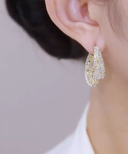 Gold Copper Overgild Zircon Leaves Hoop Earrings