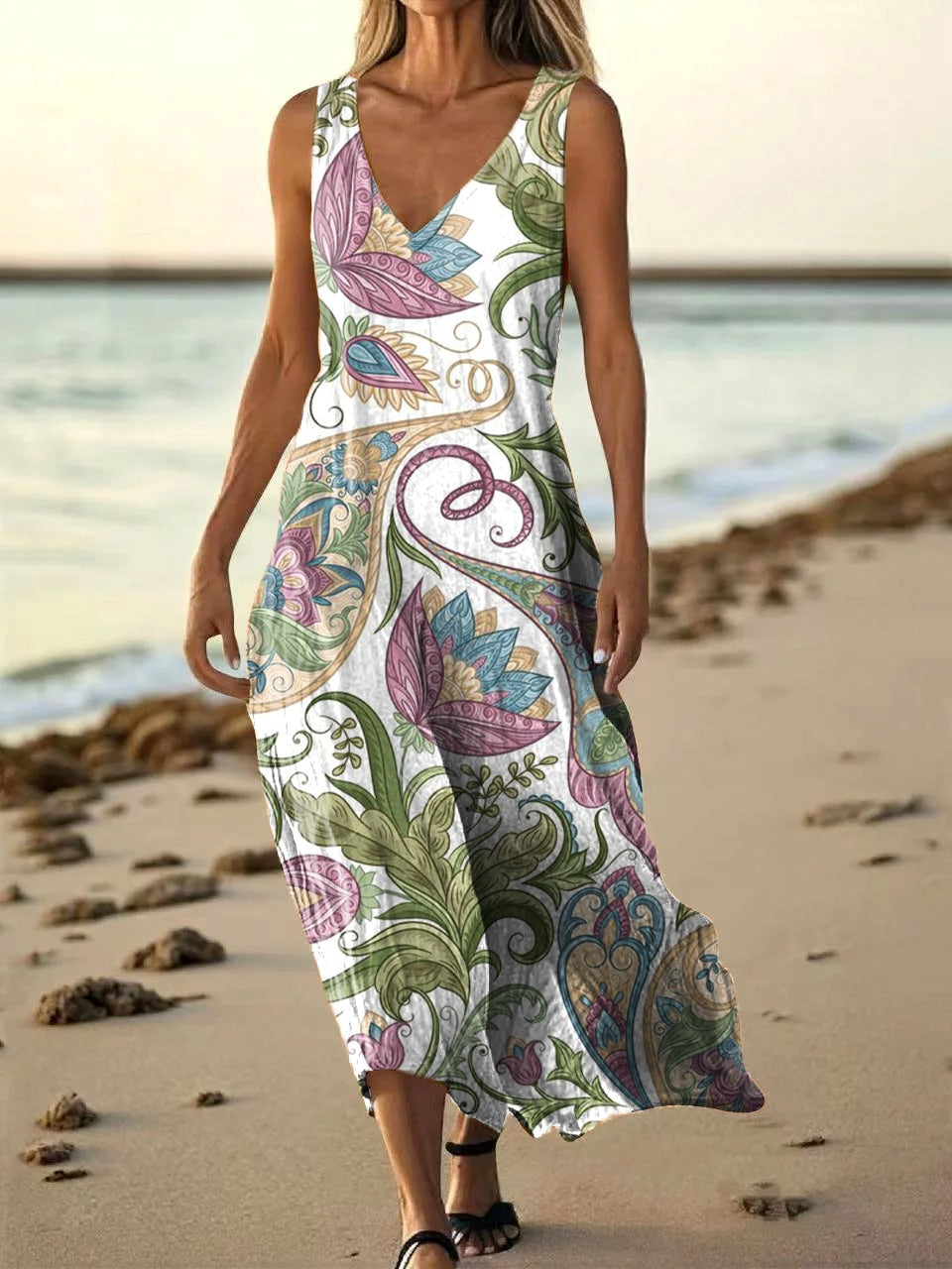 Women's Ethnic Floral Pattern Art Print Pocket Cotton Dresses