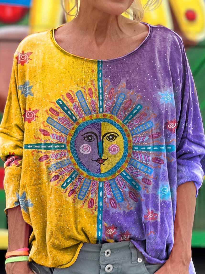 Face Colorblocked Sunburst Art Print Casual Long Sleeve T-Shirt
