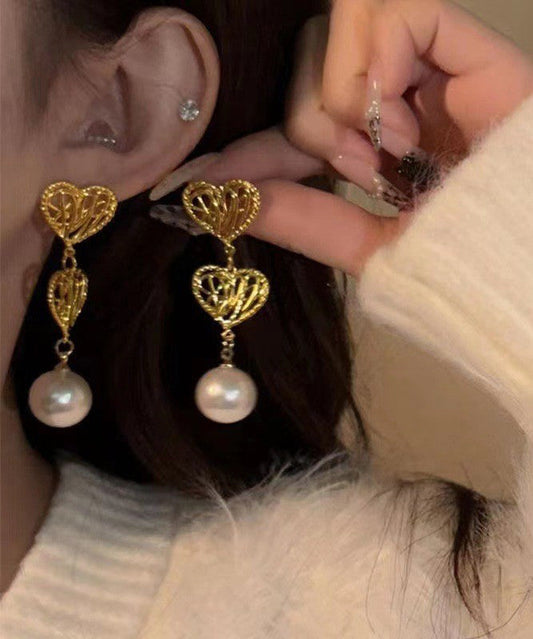 New Gold Copper Alloy Hollow Out Love Pearl Drop Earrings