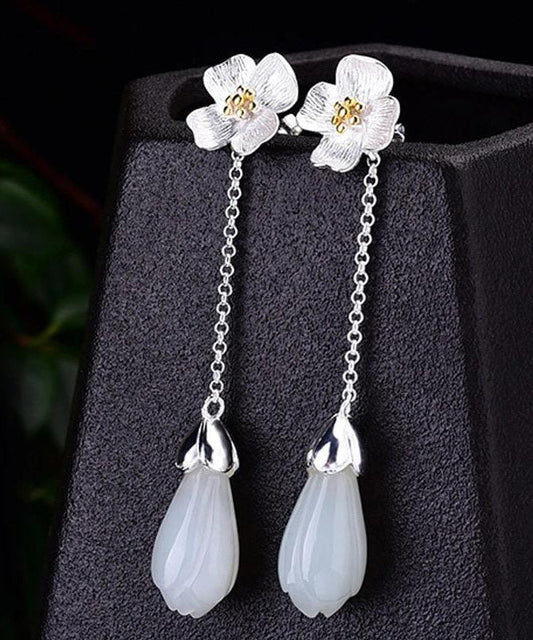 White Sterling Silver Inlaid Jade Drop Earrings