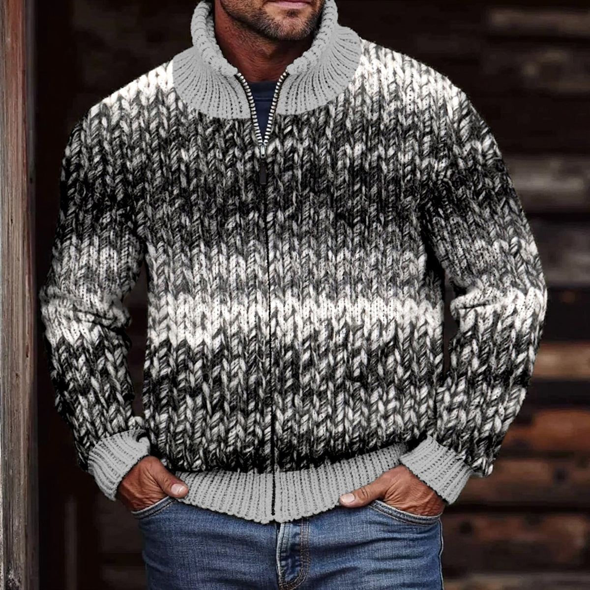 Men'S Retro Color Gradient Knit Comfort Zip-Up Cardigan artswardrobe