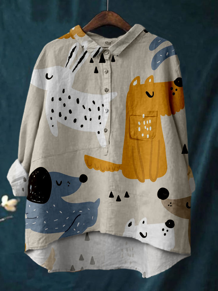 Women's Cute Puppy Print Linen Cotton Casual Shirt