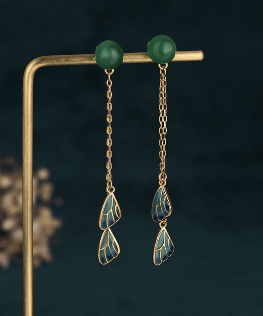 Chinese Style Gold Ancient Dharma Gold Jade Cloisonne Feather Tassel Drop Earrings
