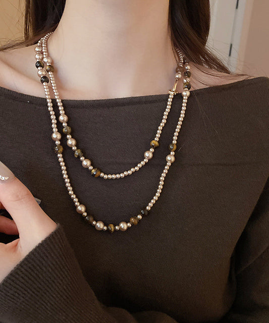 Gold Alloy Pearl Glass Tiger Eye Stone Pendant Necklace