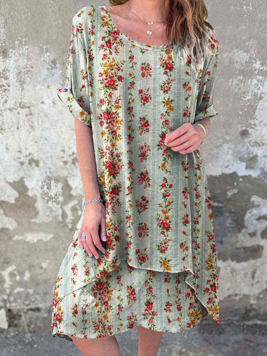 Women's Summer Vintage Floral Art Casual Round Neck Cotton Dress