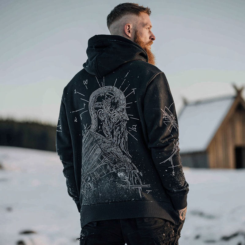 Men's Retro Viking Warrior Pencil Drawing Art Pattern Casual Hoodie elevenforest