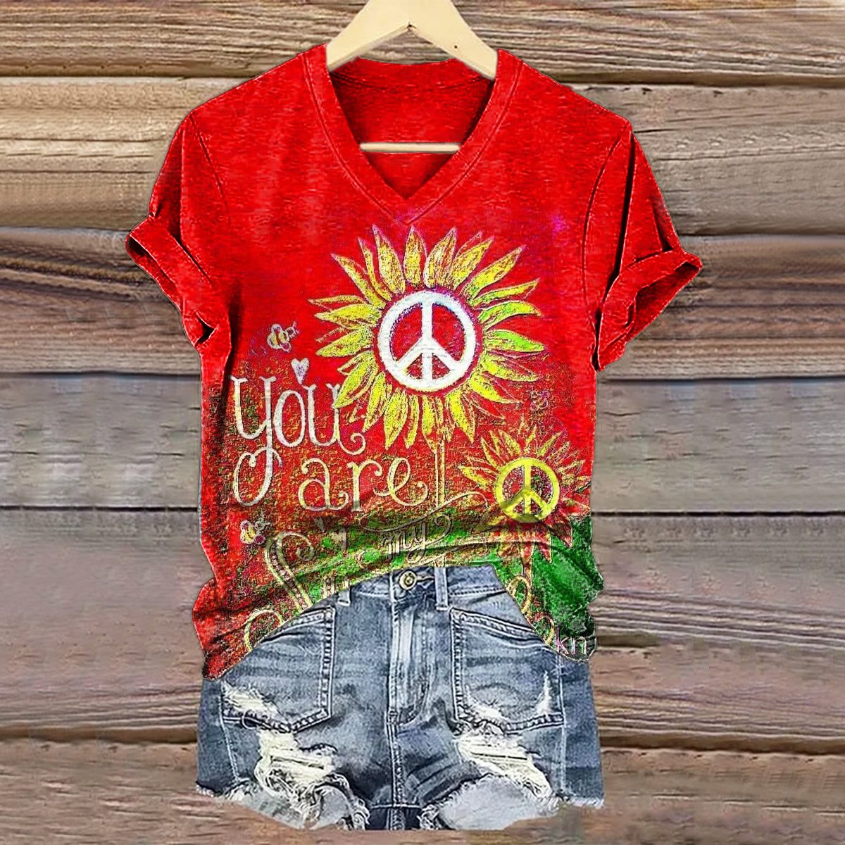 Women's Hippie Sunfloral Art Print V-neck Casual T-Shirt
