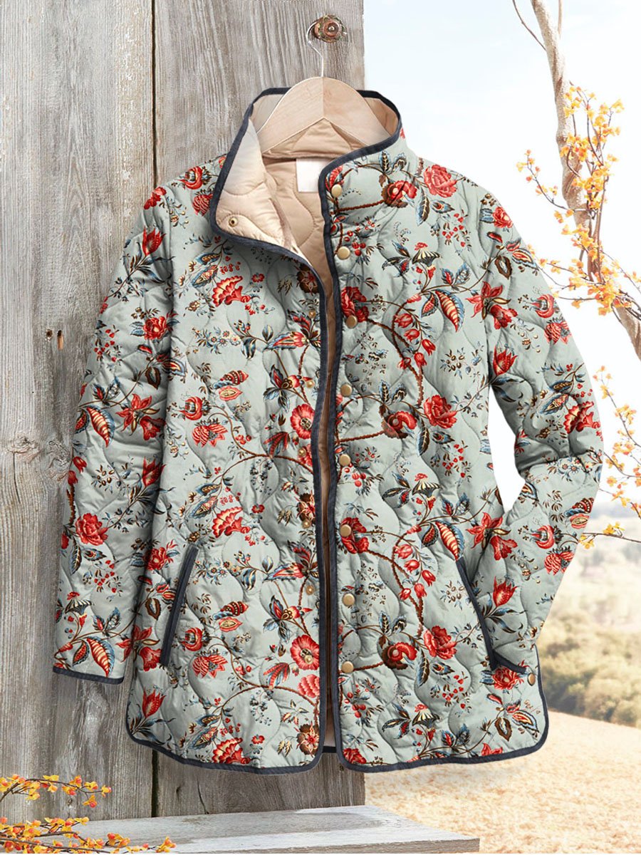 Women's Vintage Lovely Floral Art Print Casual Quilted Cardigan