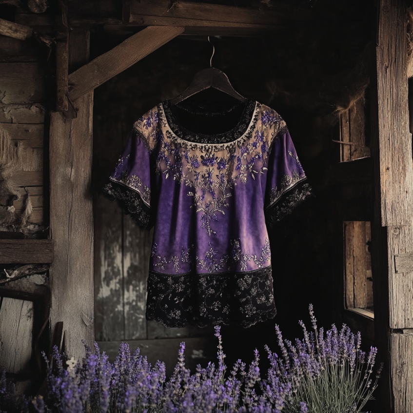 Bohemian Lavender Embroidery Gradient Patchwork Art Linen Short Sleeve T-shirt artswardrobe