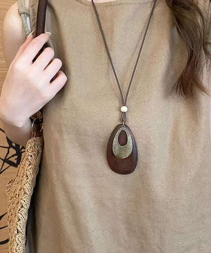 Black Wooden Patchwork Waxed Cord Sweater Pendant Necklace