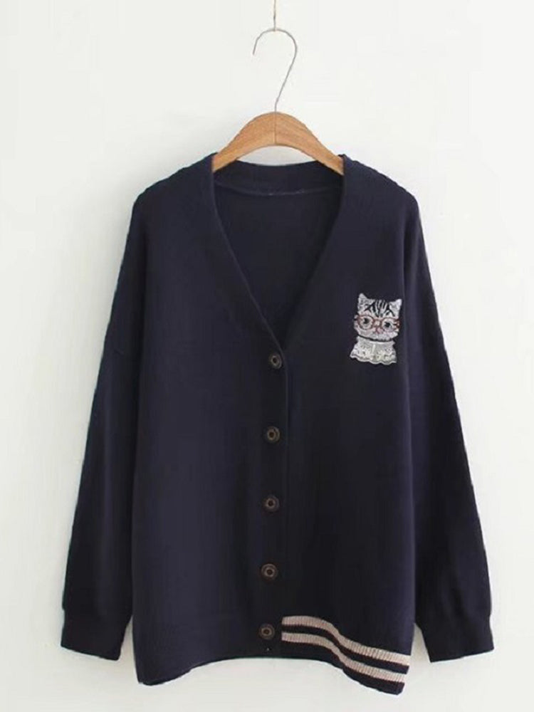 Cat Embroidery Soft Knit Sweater Cardigan elevenforest