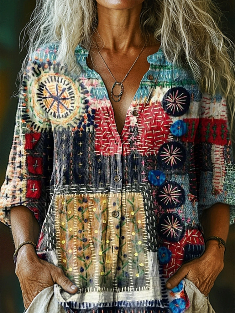 Women's Vintage Patchwork Pattern Art Print Casual Cotton Linen Shirt