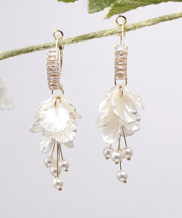 White Alloy Overgild Zircon Pearl Tassel Drop Earrings