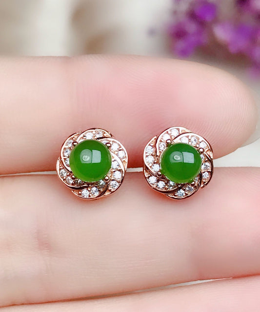 Green Silver Overgild Zircon Jade Stud Earrings