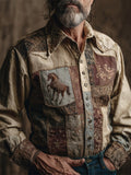 Western Horse & Floral Patchwork Art Men's Linen Long Sleeve Shirt artswardrobe