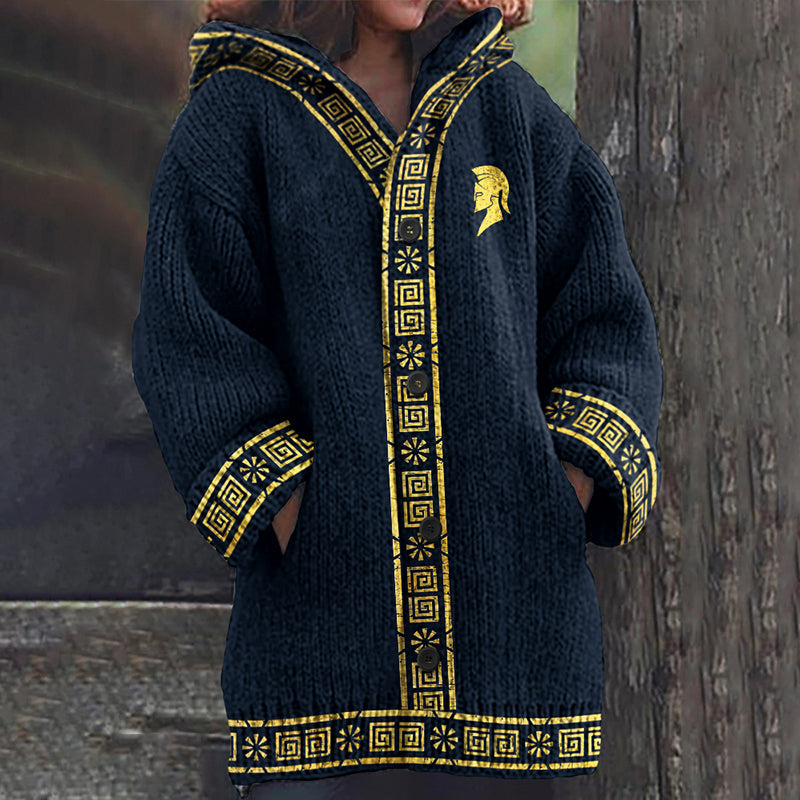 Women's Ancient Greek Mythology Jacquard Knit Comfort Hooded Cardigan artswardrobe
