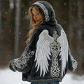 Comstylish Women's Vintage Viking Wing Celtic Art Cozy Flannel Hooded Jacket