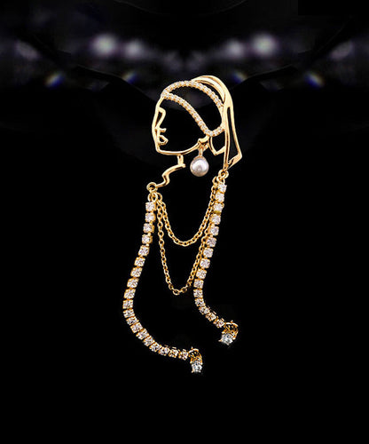 Modern Gold Alloy Zircon Girl With a Pearl Earring Tassel Brooches