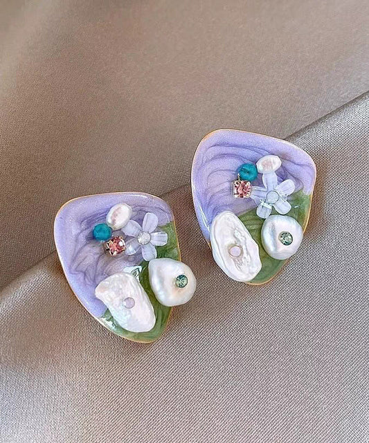 Modern Light Purple Alloy Zircon Rice Beads Stud Earrings