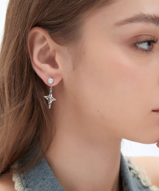 Fine Silk Copper Overgild Zircon Eight-pointed Star Drop Earrings