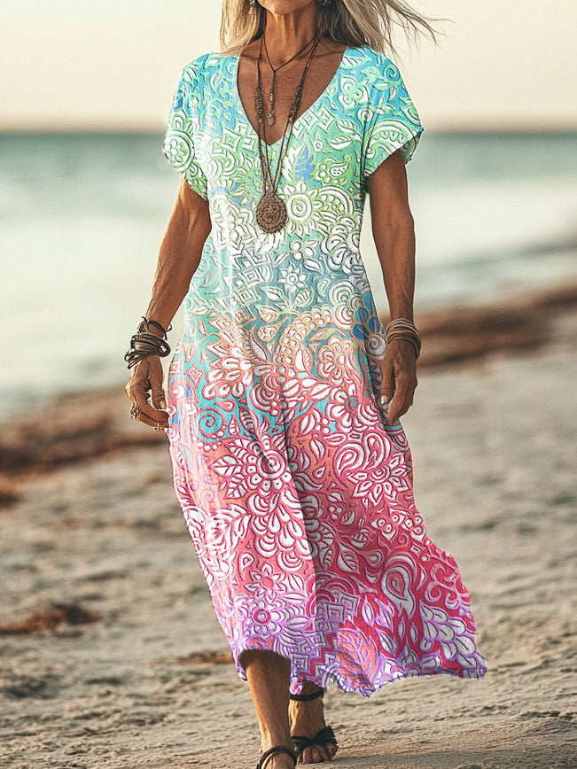 Women's Vintage Ethnic Floral Art Print Pocket Cotton Dress