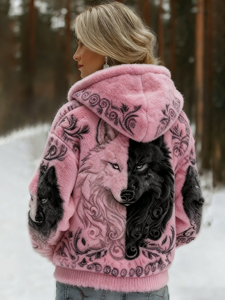 Comstylish Women's Viking Wolf Art Knit Cozy Flannel Hooded