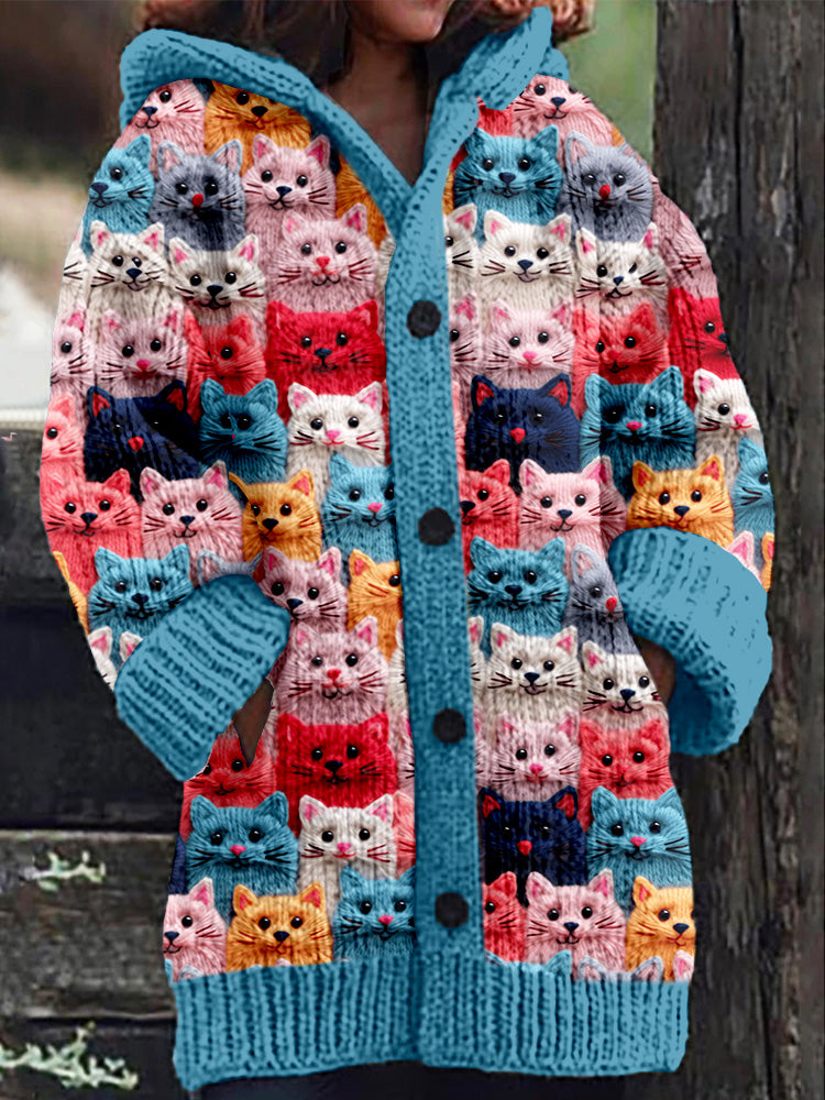 LM | Knitted coat with button placket and playful cat print