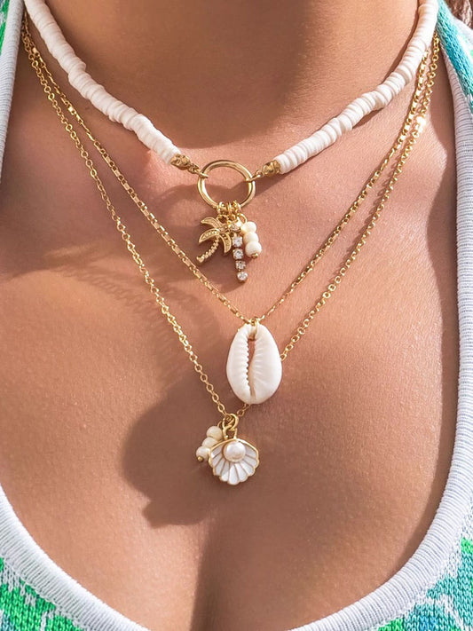 Shell and Sunflower Pendant Multi-layered Necklace