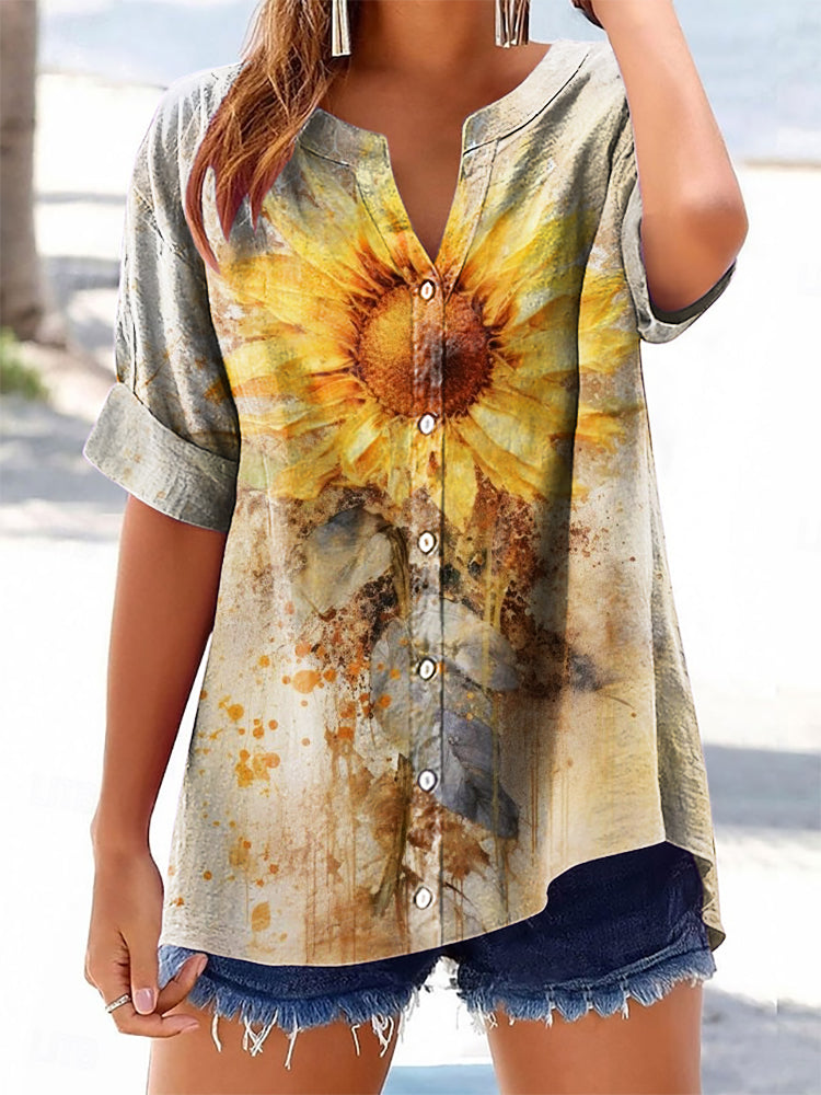 Women's Bohemian Sunfloral Art Print Casual Cotton And Linen Shirt