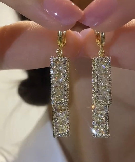Gold Overgild Zircon Rectangle Tassel Drop Earrings