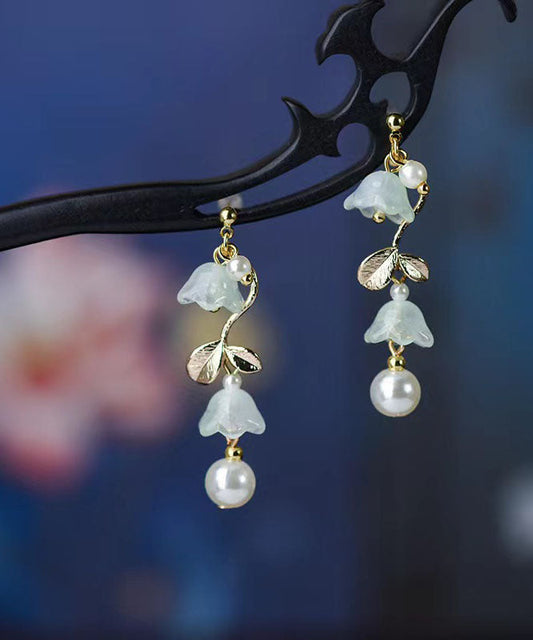 Cyan Alloy Pearl Tassel Bell Orchid Drop Earrings