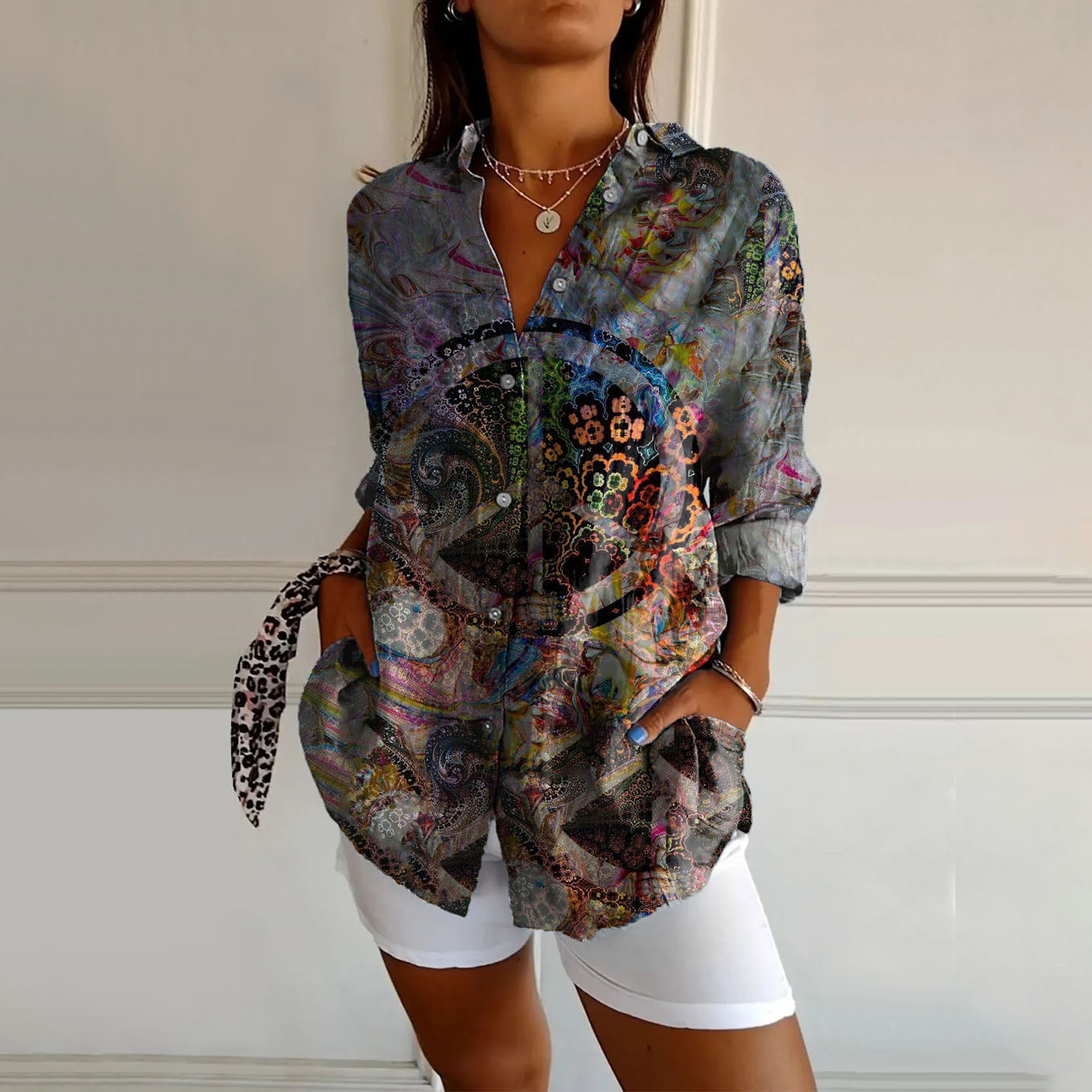 Women's Hippie Pattern Art Print Casual Cotton Shirt
