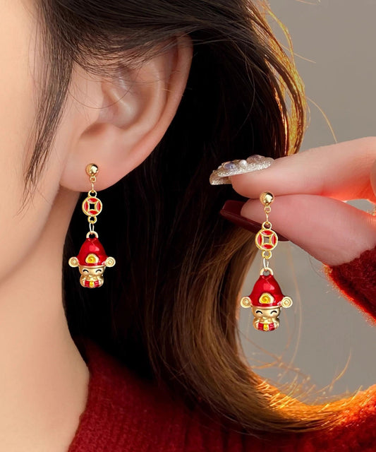 New Red Sterling Silver Overgild God of Wealthdrop Earrings