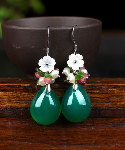 Green Silver Inlaid Shell Flower Chalcedony Pearl Drop Earrings