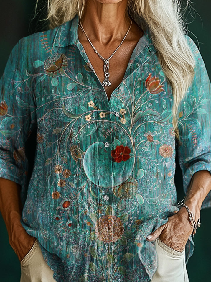 Women's Vintage Ethic Floral Art Print Casual Cotton Shirt