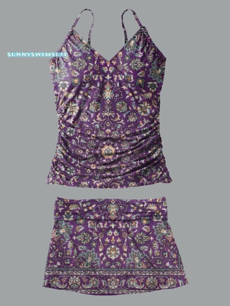 V-Neck Vintage Ethnic Floral Print Suspender Skirt Tankini Pantskirt Set Swimsuit
