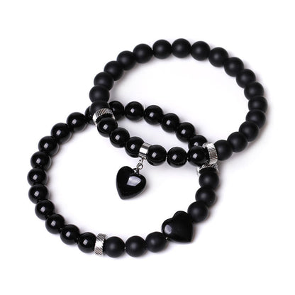 Buddha Stones 2pcs Black Onyx Crystal Stone Love Heart Protection Support Couple Bracelet