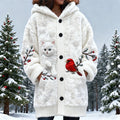 Christmas Cat & Bird Women's Hooded Flannel Cardigan elevenforest