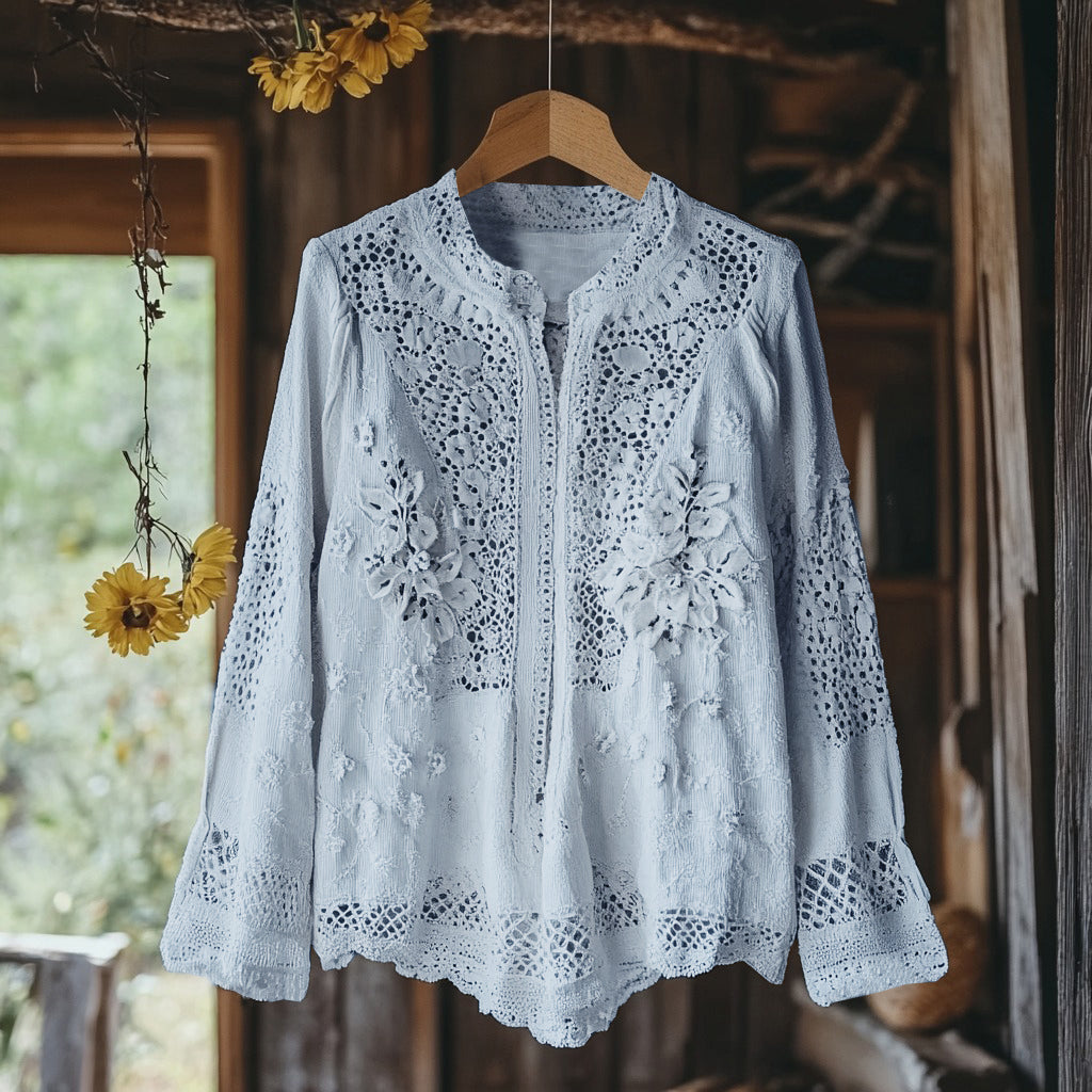 Comstylish Women's Retro Floral Lace Embroidery Art V-neck Shirt