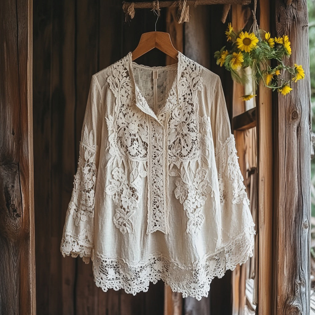 Comstylish Women's Retro Floral Lace Embroidery Art V-neck Shirt