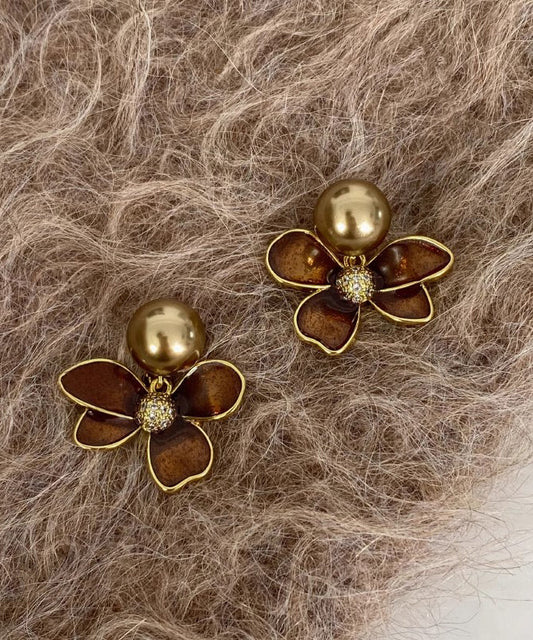 Diy Coffee Alloy Pearl Drip Glaze Stud Earrings