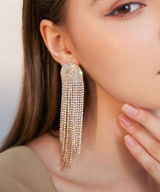 Gold Zircon Tassels Silver Drop Earrings