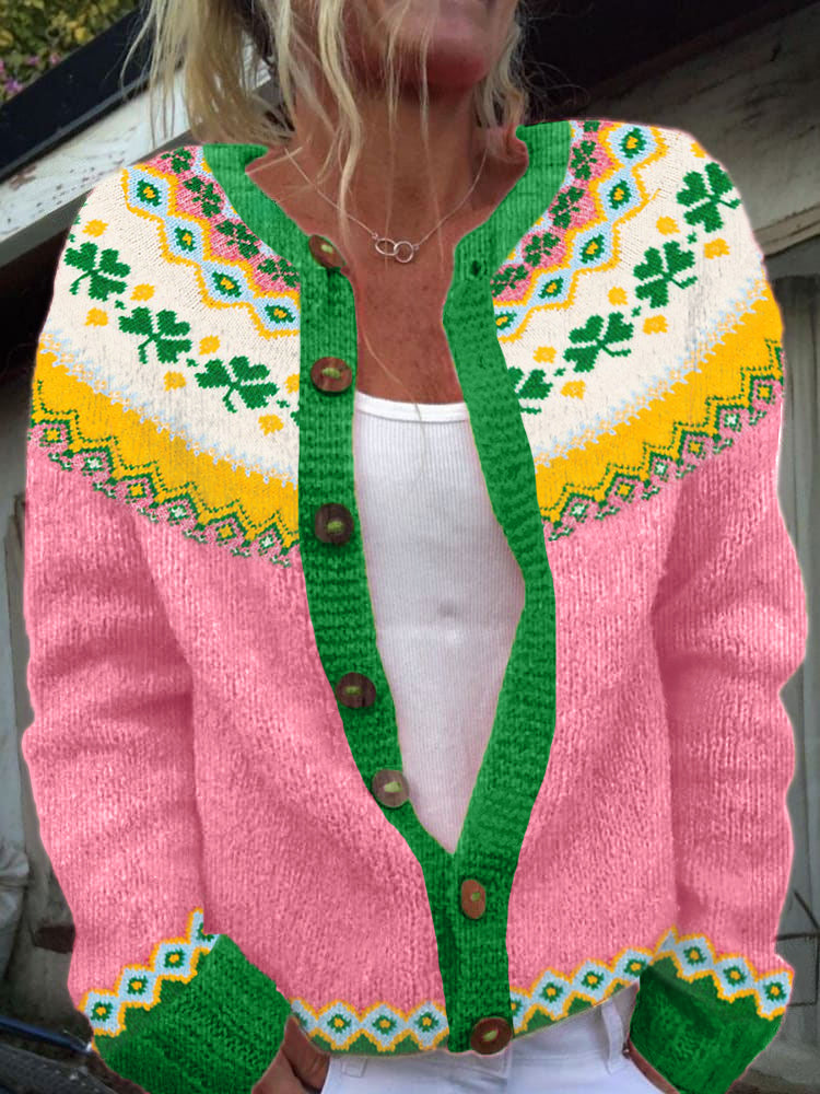 Shamrock Pattern Cozy Fair Isle Knit Cardigan artswardrobe