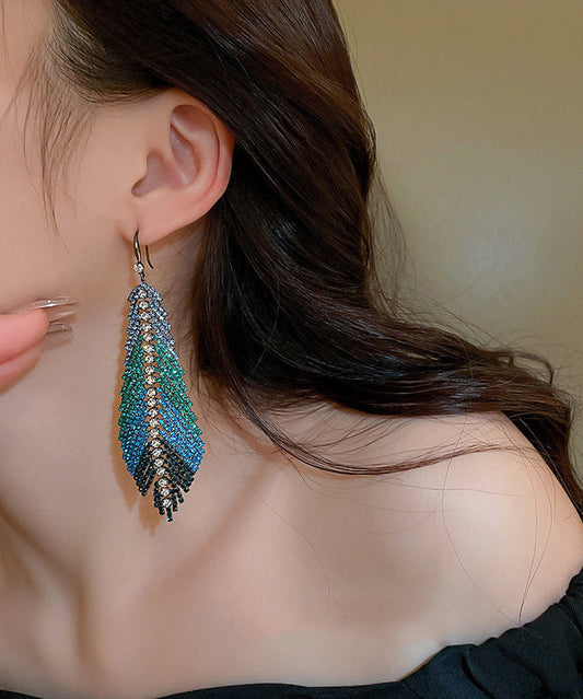 Multi Copper Zircon Feather Leaves Tassel Drop Earrings