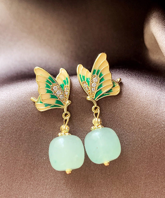 Green Copper Alloy Zircon Jade Butterfly Drop Earrings