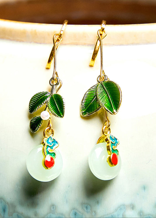 Metal Green Leaf Circular Jade Drop Earrings
