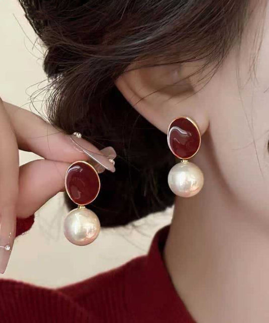 New Red Copper Overgild Pearl Drop Earrings