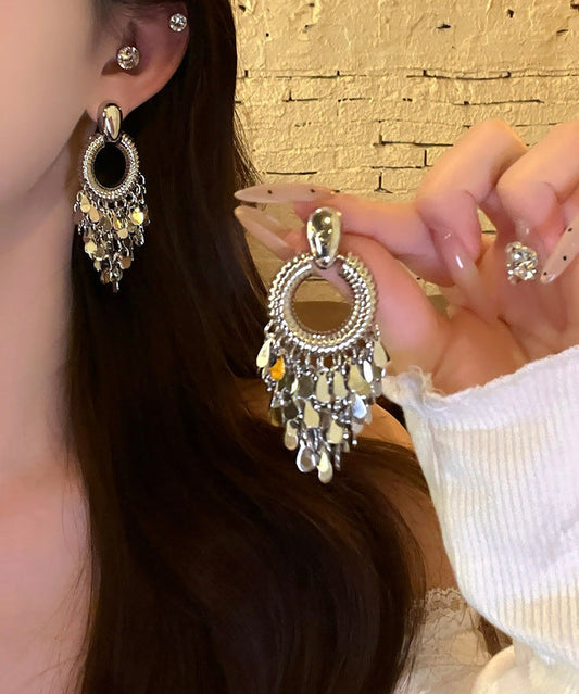 Fine Silk Metal Sequins Tassel Drop Earrings