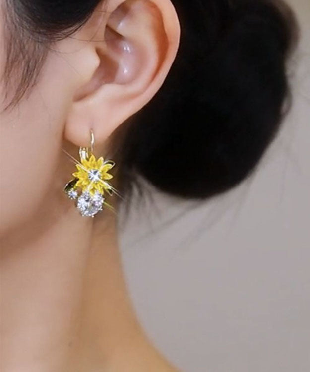 Yellow Sterling Silver Overgild Zircon Sunflower Drop Earrings